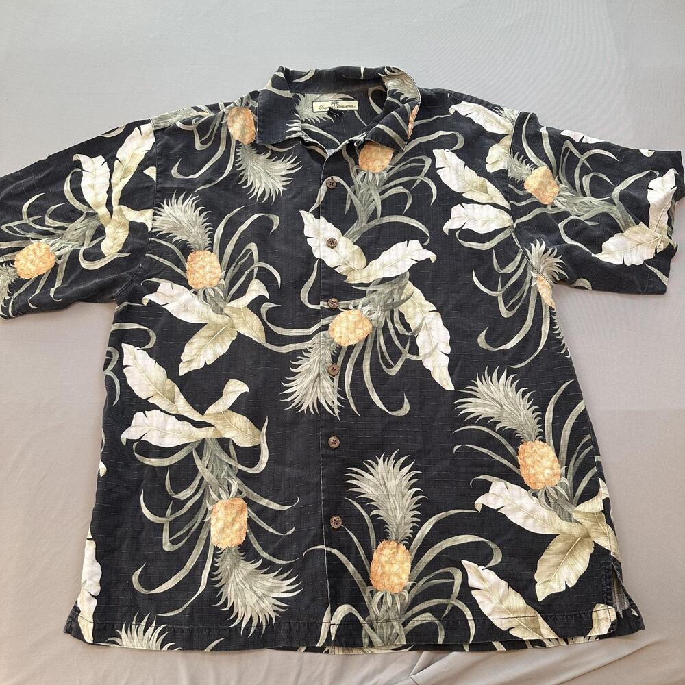 Tommy Bahama Shirt Mens Large Black Silk Pineapple Hawaiian Camp Button Up Relax